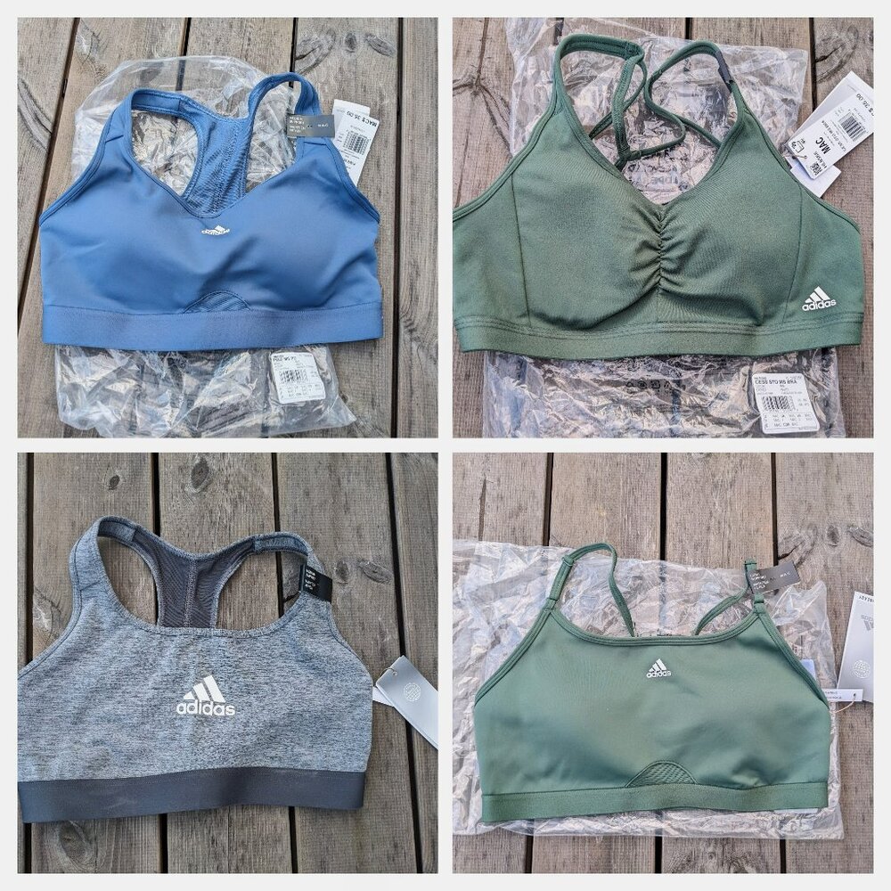 NWT lot of 4 Adidas sports bras medium blue, green, and gray